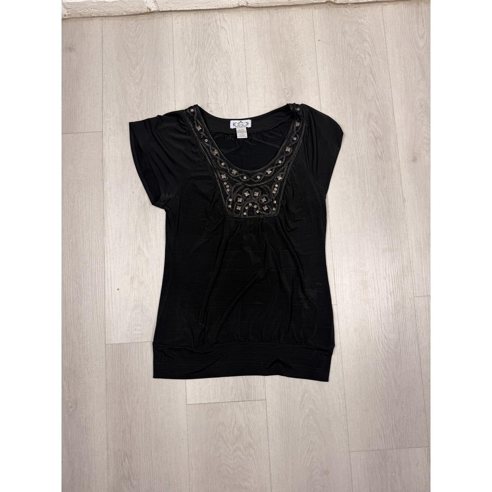 Trixxi Womens M Black Studded Top Y2K Whimsy Goth Embellished Tunic Blouse